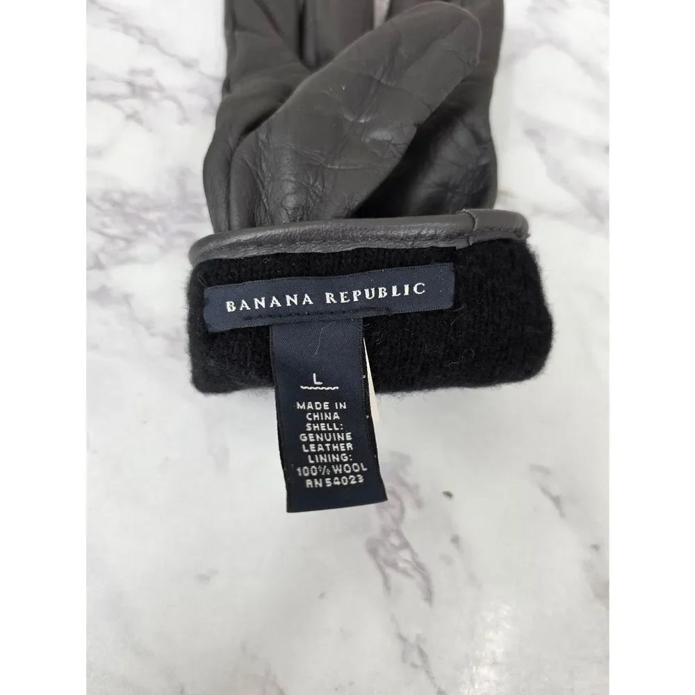 Banana Republic Gray Leather Driving Gloves With Ruffled Cuff Wool Lining